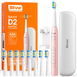 Bitvae Electric Toothbrush Daily (D2), Ultrasonic, 8 Heads, Case, Timer, 5 Modes, W-shape Bristles, Rechargeable, Roz