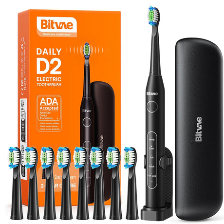Bitvae Electric Toothbrush Daily (D2), Ultrasonic, 8 Heads, Case, Timer, 5 Modes, W-shape Bristles, Rechargeable, Negru