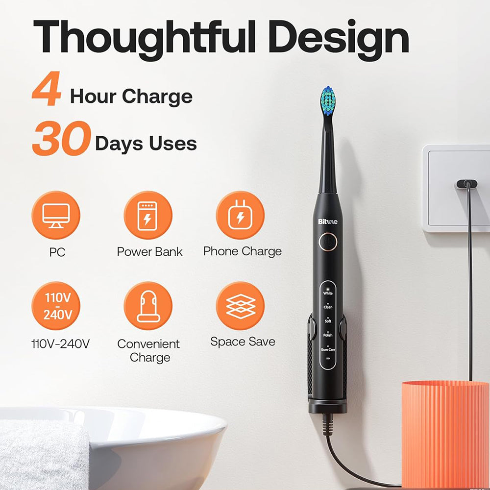 Bitvae Electric Toothbrush Daily (D2), Ultrasonic, 8 Heads, Case, Timer, 5 Modes, W-shape Bristles, Rechargeable, Negru