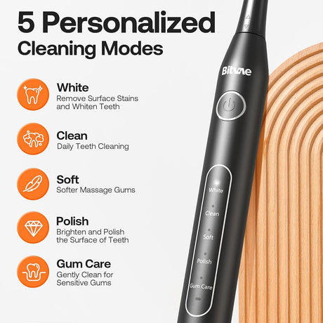 Bitvae Electric Toothbrush Daily (D2), Ultrasonic, 8 Heads, Case, Timer, 5 Modes, W-shape Bristles, Rechargeable, Negru