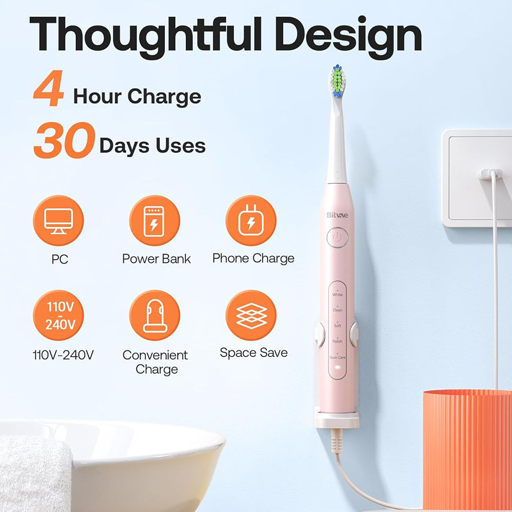 Bitvae Electric Toothbrush Daily (D2), Ultrasonic, 8 Heads, Case, Timer, 5 Modes, W-shape Bristles, Rechargeable, Roz
