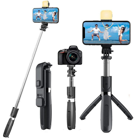 Suport Techsuit Selfie Stick (L02s), Stable Tripod with Bluetooth Remote Control and Fill Light, Stainless Steel, 104cm, Negru