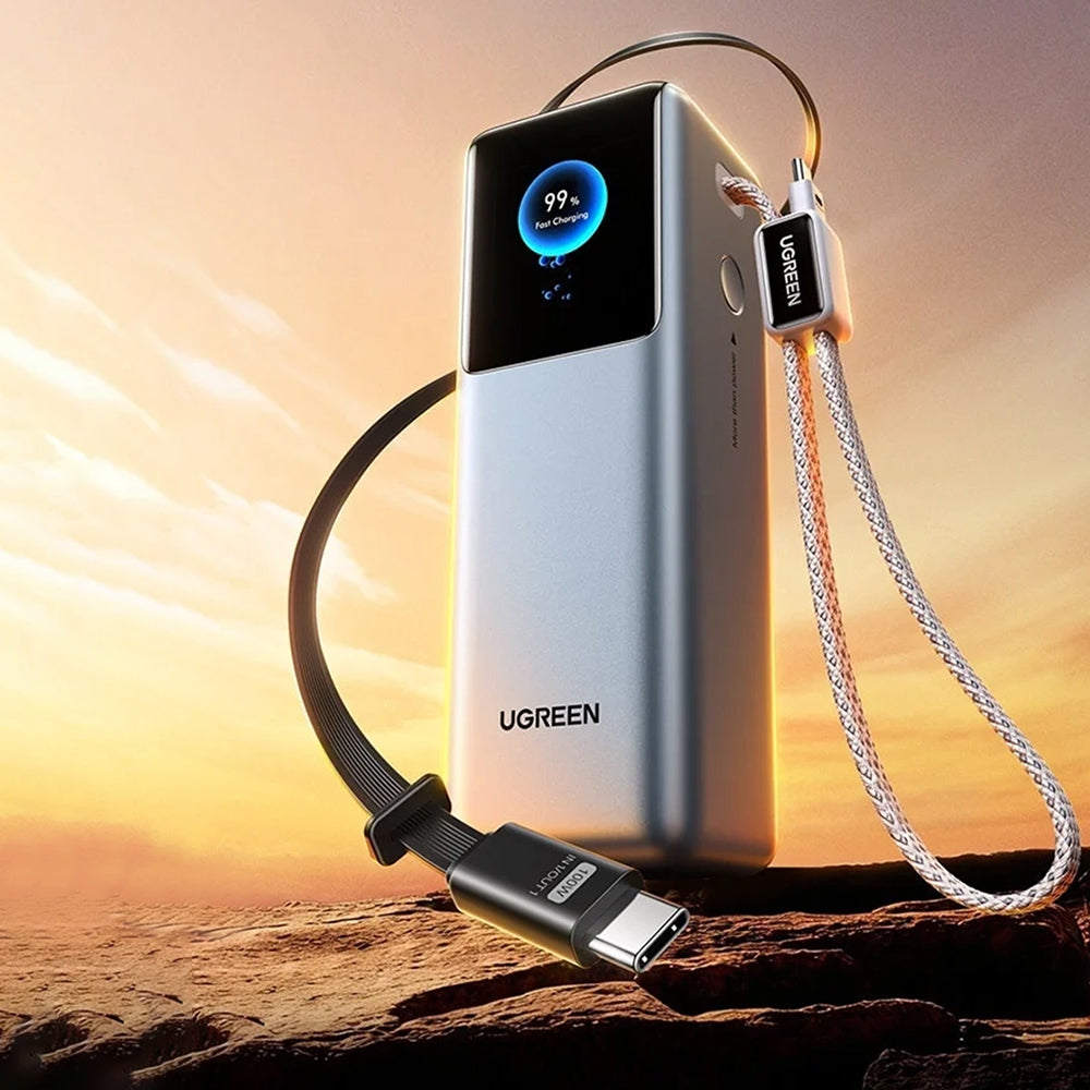Ugreen Baterie externa Ugreen PB728 (75702B), with 2x Built-in USB-C Cable, USB, Type-C, Digital Display, 25000mAh, 200W