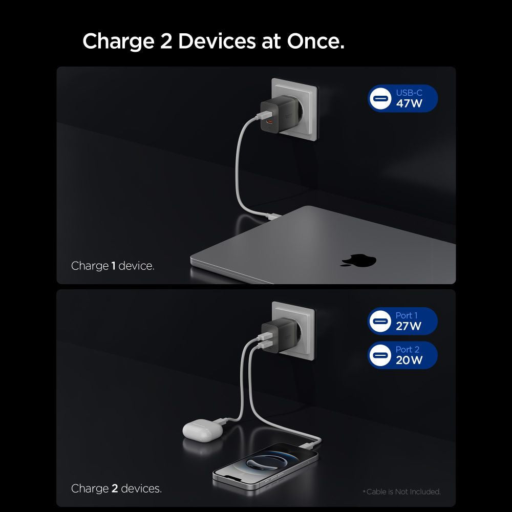 Incarcator Spigen (ACH10450), 2x Type-C, 47W, Fast Charging, Gri