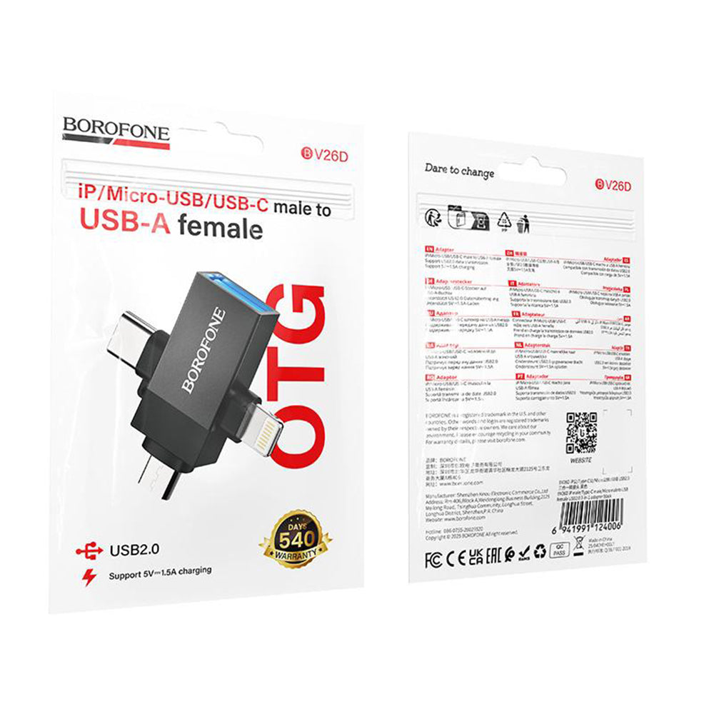 Adaptor Borofone 3in1 (BV26D), Lightning / Type-C / Micro-USB la USB 2.0, 1.5A, Negru