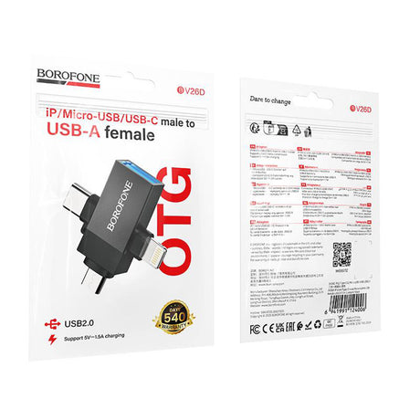 Adaptor Borofone 3in1 (BV26D), Lightning / Type-C / Micro-USB la USB 2.0, 1.5A, Negru