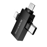 Adaptor Borofone 3in1 (BV26D), Lightning / Type-C / Micro-USB la USB 2.0, 1.5A, Negru