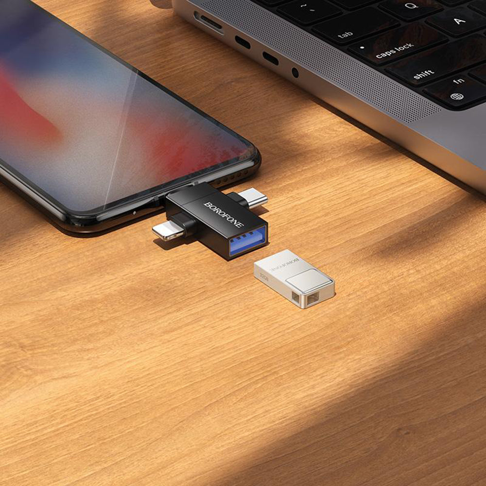 Adaptor Borofone 3in1 (BV26D), Lightning / Type-C / Micro-USB la USB 2.0, 1.5A, Negru