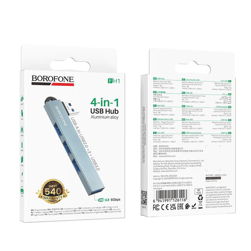 Hub Borofone FH1, USB 3x USB 2.0 + USB 3.0, Gri