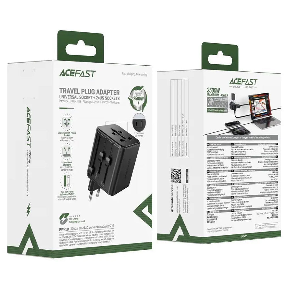 Adaptor Acefast Travel Adapter (Z11), EU/UK/US/AU, 2500W, Negru