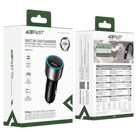 Incarcator Acefast (B21), USB / Type-C, 75W, Lumina Ambientala, Negru