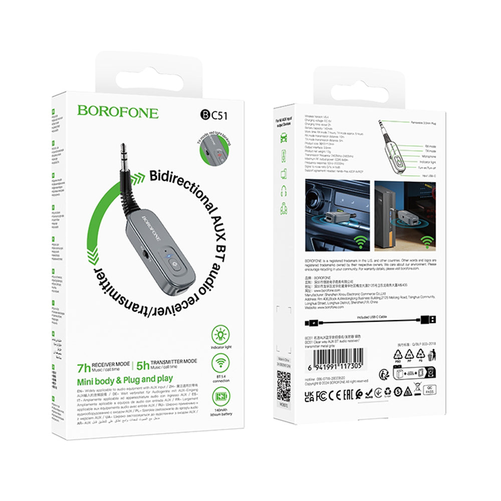 Adaptor Borofone Clear Way (BC51), Jack 3.5mm / Bluetooth V5.4, Gri
