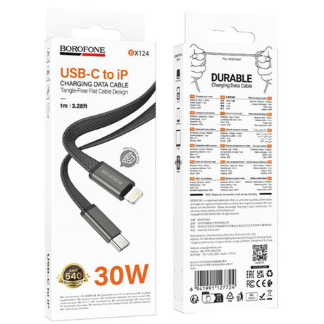 Cablu Borofone Peace (BX124), USB-C la Lightning, 30W, 1m, Negru