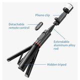 Suport Techsuit Selfie Stick (Q12S), Stable Tripod Mount with Bluetooth Remote and LED Light, 75cm, Negru