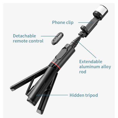 Suport Techsuit Selfie Stick (Q12S), Stable Tripod Mount with Bluetooth Remote and LED Light, 75cm, Negru
