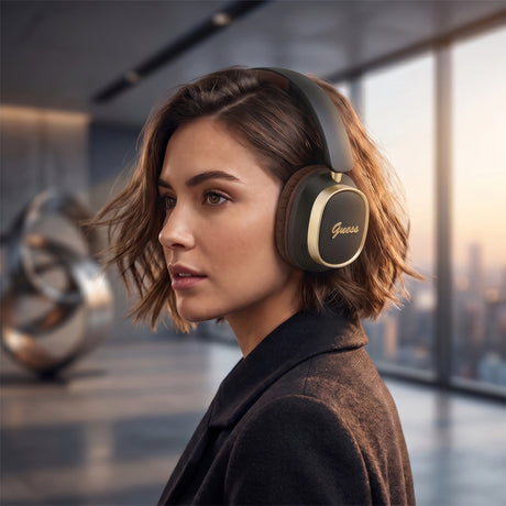 Casti Wireless Guess Rectangle Metal Script (GUBHV28HGCSMW), Over-ear, Bluetooth, ENC, Maro