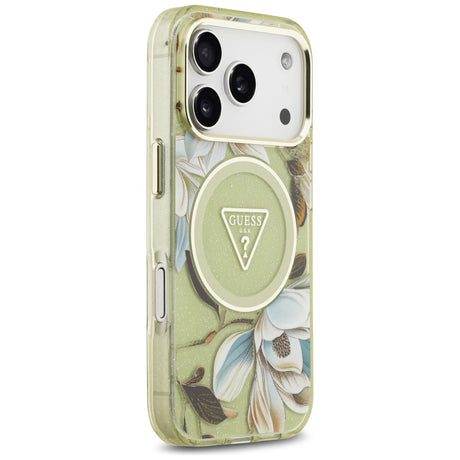 Husa de protectie Guess IML Glitter Flowers Triangle compatibil cu iPhone 18 Pro / iPhone 17 Pro, Verde