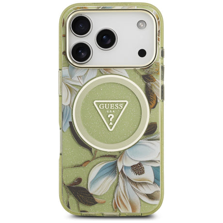 Husa de protectie Guess IML Glitter Flowers Triangle compatibil cu iPhone 18 Pro / iPhone 17 Pro, Verde