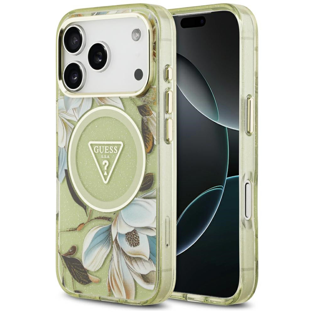 Husa de protectie Guess IML Glitter Flowers Triangle compatibil cu iPhone 18 Pro / iPhone 17 Pro, Verde