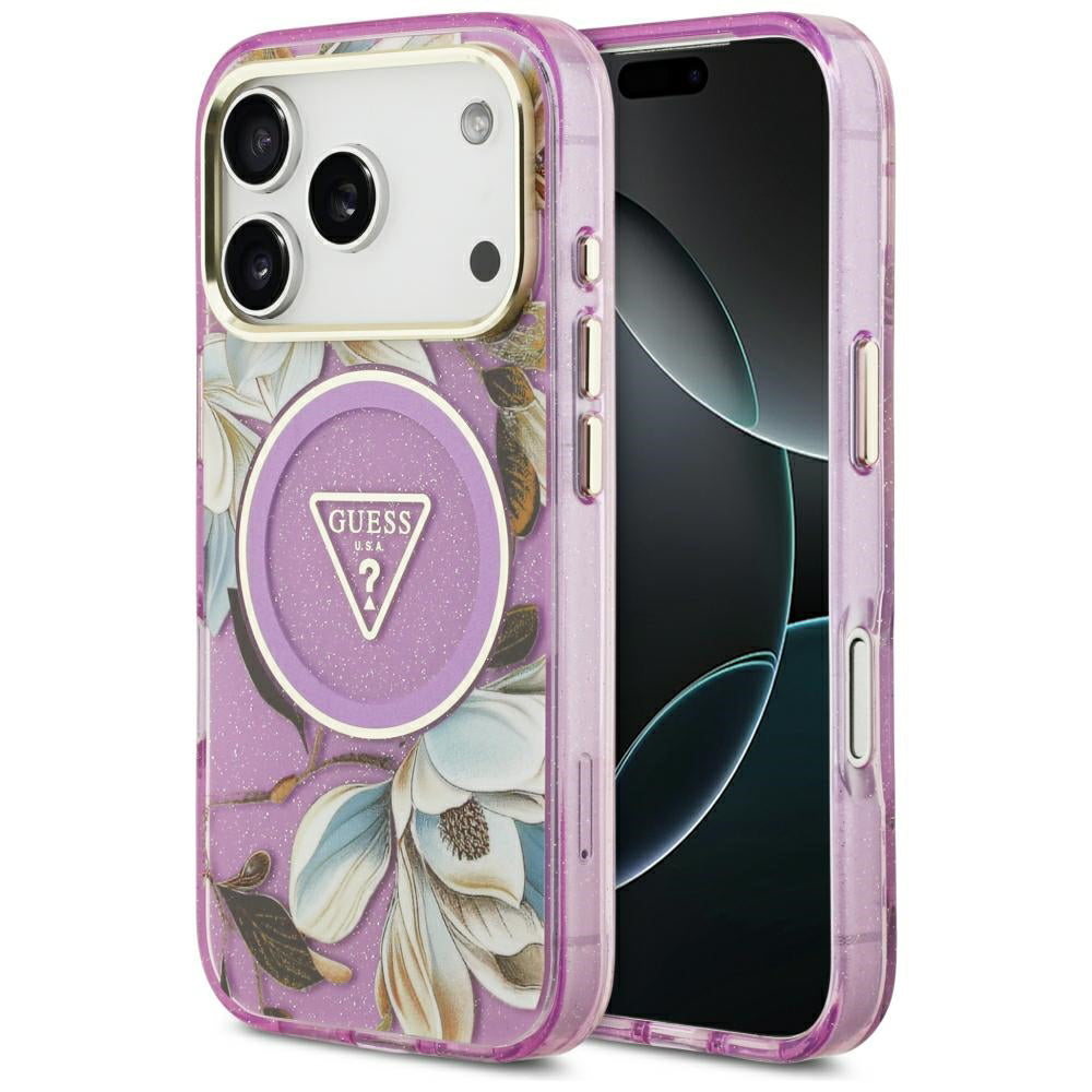Husa de protectie Guess IML Glitter Flowers Triangle compatibil cu iPhone 18 Pro / iPhone 17 Pro, Mov