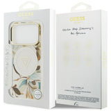 Husa de protectie Guess IML Glitter Flowers Triangle compatibil cu iPhone 18 Pro / iPhone 17 Pro, Alb