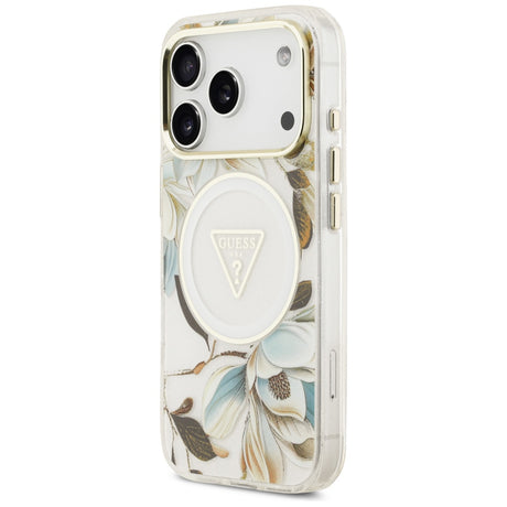 Husa de protectie Guess IML Glitter Flowers Triangle compatibil cu iPhone 18 Pro / iPhone 17 Pro, Alb