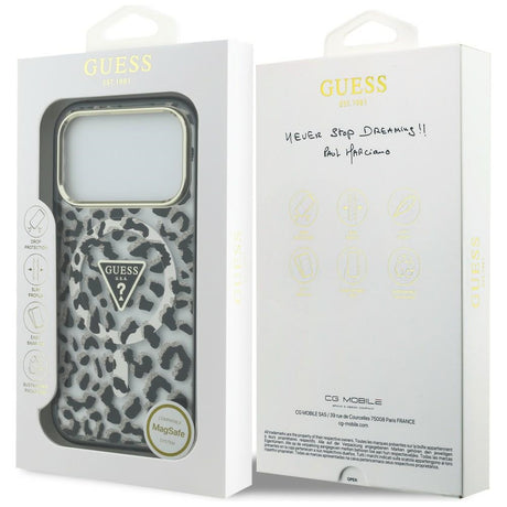 Husa de protectie Guess Leopard Glitter Triangle Logo MagSafe compatibil cu iPhone 18 Pro Max / iPhone 17 Pro Max, Negru