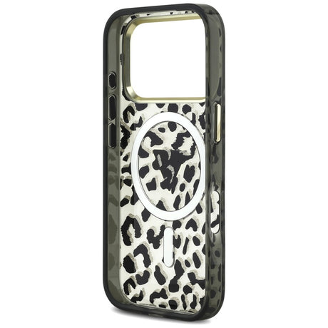 Husa de protectie Guess Leopard Glitter Triangle Logo MagSafe compatibil cu iPhone 18 Pro Max / iPhone 17 Pro Max, Negru