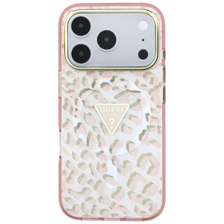 Husa de protectie Guess Leopard Glitter Triangle Logo MagSafe compatibil cu iPhone 18 Pro Max / iPhone 17 Pro Max, Roz