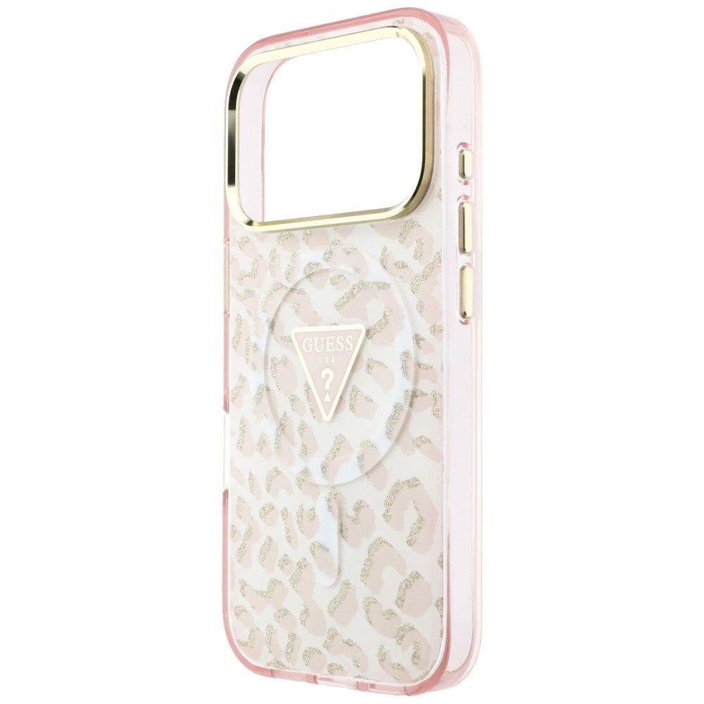 Husa de protectie Guess Leopard Glitter Triangle Logo MagSafe compatibil cu iPhone 18 Pro Max / iPhone 17 Pro Max, Roz