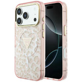 Husa de protectie Guess Leopard Glitter Triangle Logo MagSafe compatibil cu iPhone 18 Pro Max / iPhone 17 Pro Max, Roz