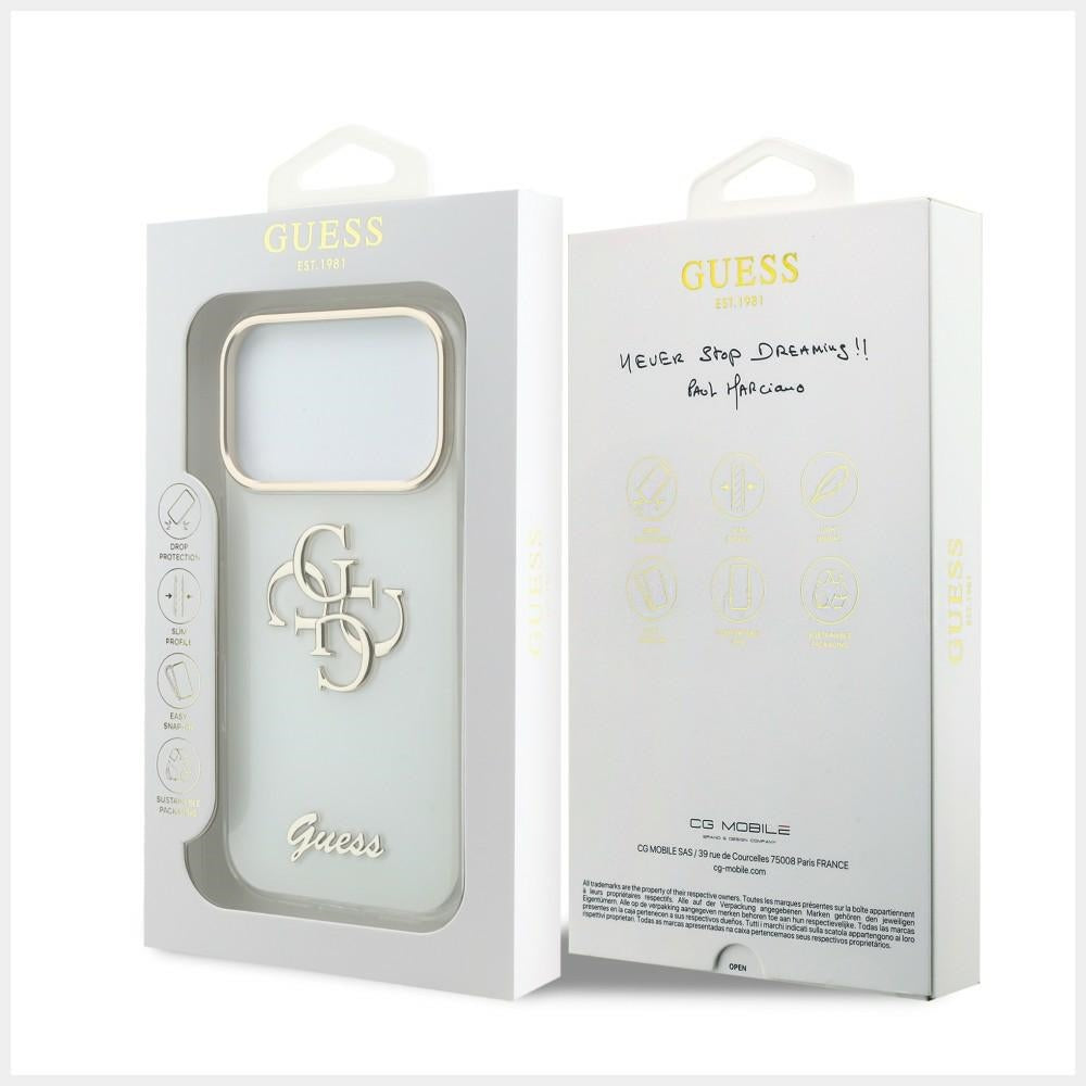 Husa de protectie Guess IML 4G Metal Script compatibil cu iPhone 17 Pro Max / iPhone 18 Pro Max, Alb