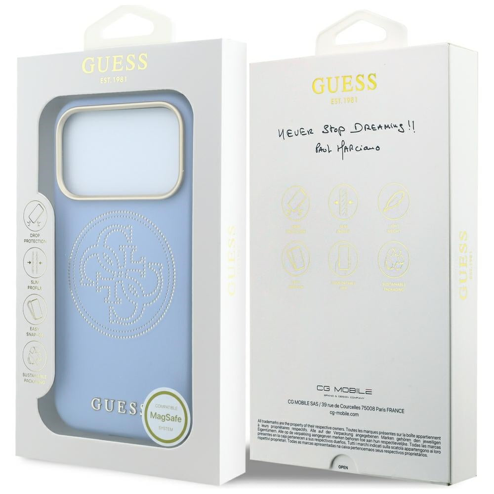 Husa de protectie Guess Leather Perforated 4G MagSafe compatibil cu iPhone 17 Pro Max / iPhone 18 Pro Max, Albastru