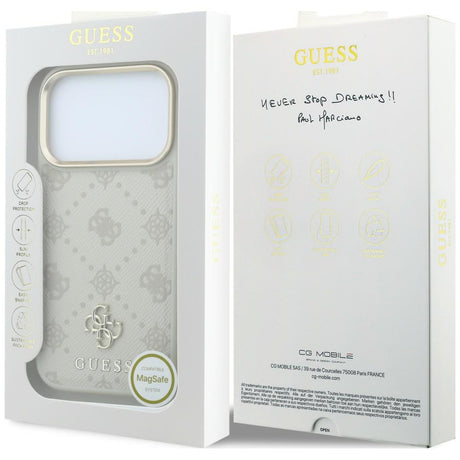 Husa de protectie Guess Leather Stripe Peony 4G compatibil cu iPhone 17 Pro Max / iPhone 18 Pro Max, Bej