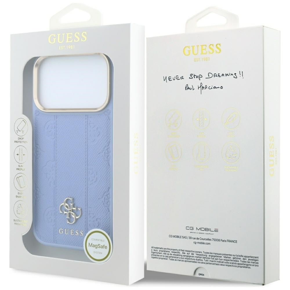 Husa de protectie Guess Leather Stripe Peony 4G compatibil cu iPhone 18 Pro / iPhone 17 Pro, Albastru