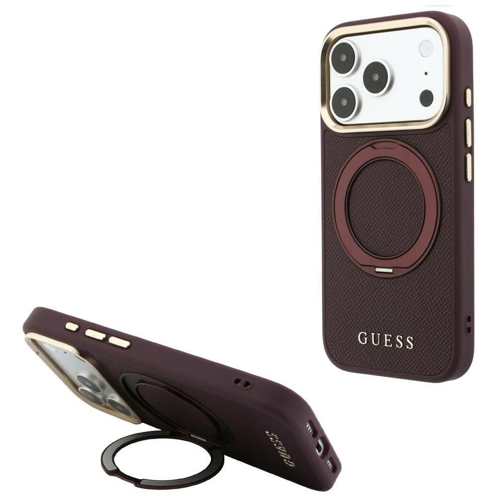 Husa de protectie Guess Grained Ring MagSafe compatibil cu iPhone 17 Pro Max / iPhone 18 Pro Max, Bordo