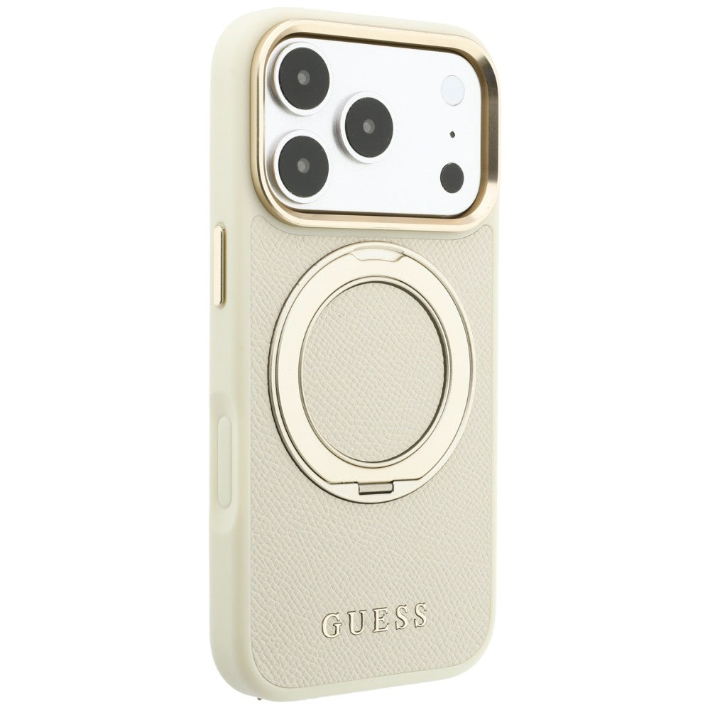 Husa de protectie Guess Grained Ring MagSafe compatibil cu iPhone 17 Pro Max / iPhone 18 Pro Max, Bej