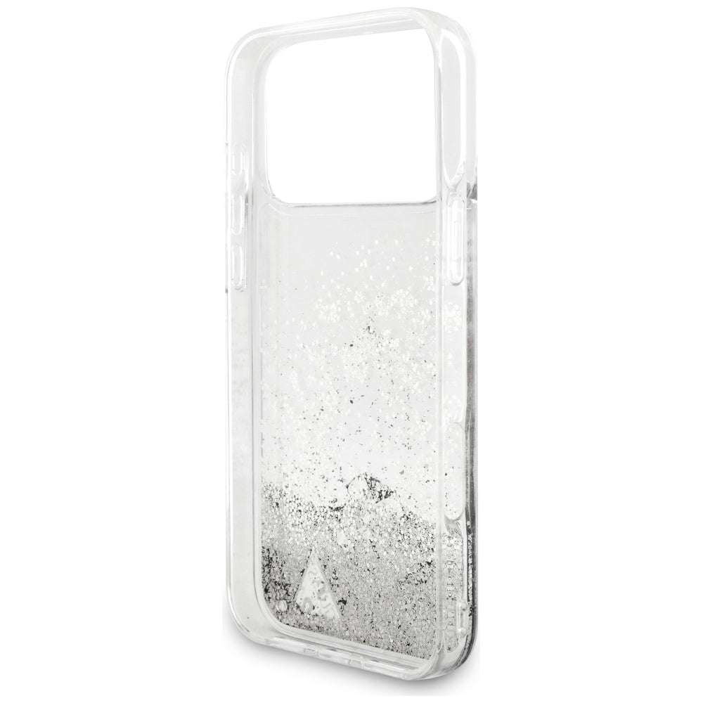 Husa de protectie Guess Liquid Glitter Charms compatibil cu iPhone 17 Pro Max / iPhone 18 Pro Max, Argintiu