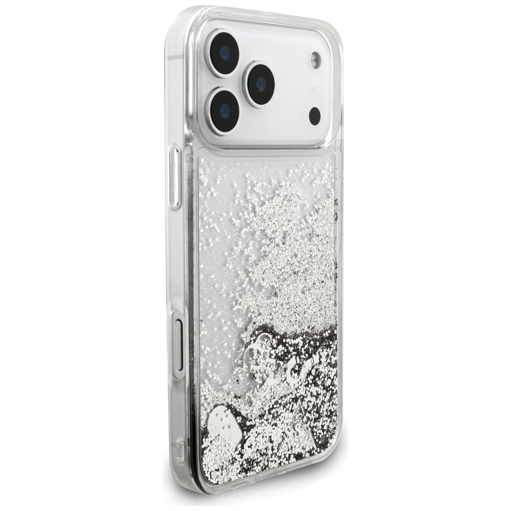 Husa de protectie Guess Liquid Glitter Charms compatibil cu iPhone 17 Pro Max / iPhone 18 Pro Max, Argintiu