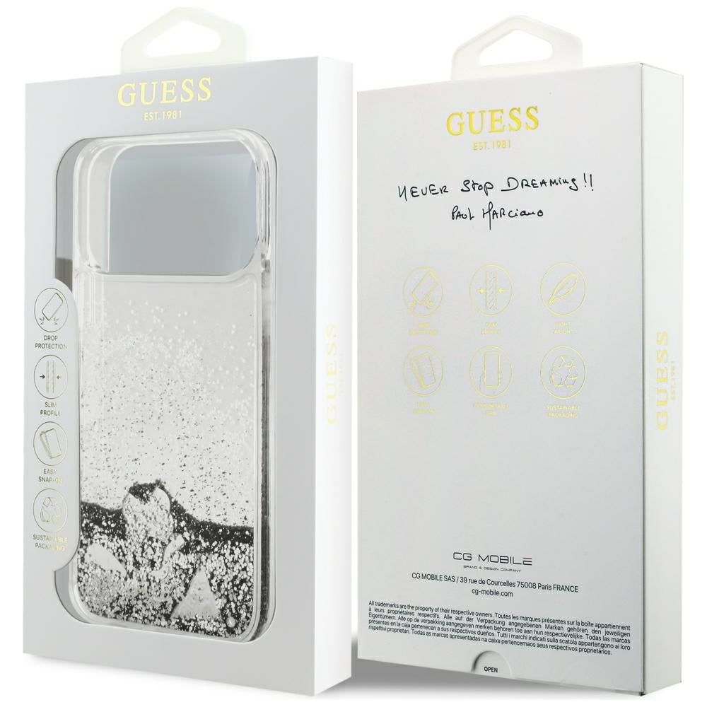 Husa de protectie Guess Liquid Glitter Charms compatibil cu iPhone 17 Pro Max / iPhone 18 Pro Max, Argintiu