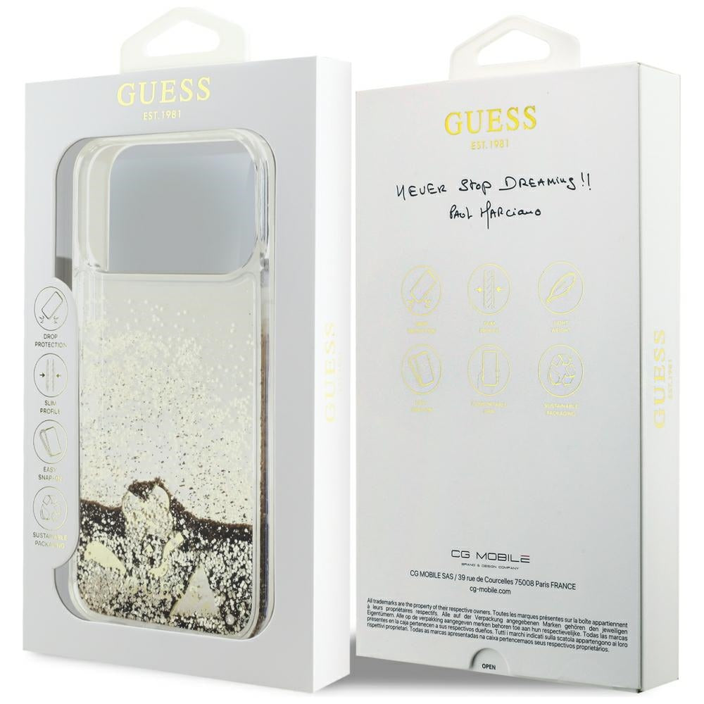 Husa de protectie Guess Liquid Glitter Charms compatibil cu iPhone 18 Pro / iPhone 17 Pro, Auriu
