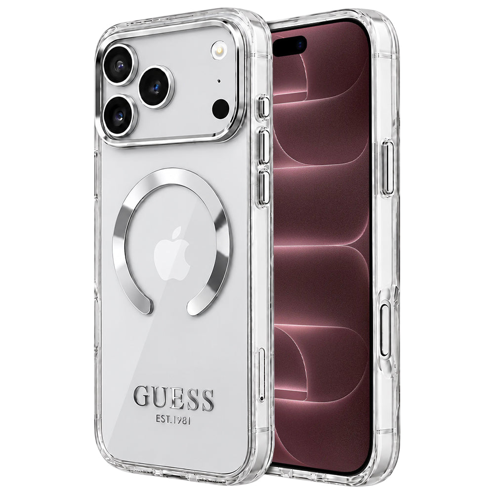 Husa de protectie Guess Metal Outline MagSafe compatibil cu iPhone 18 Pro Max / iPhone 17 Pro Max, Argintiu