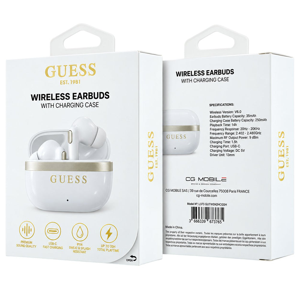 Casti In-ear, BT, TWS - Guess Glossy Gold Line Classic (GUTWSN2HGGSH) - White