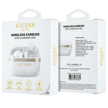 Casti In-ear, BT, TWS - Guess Glossy Gold Line Classic (GUTWSN2HGGSH) - White