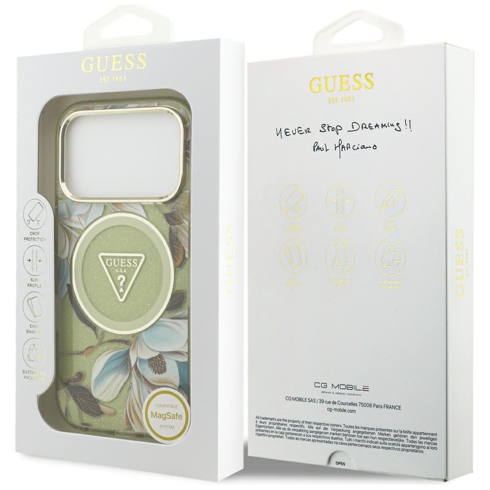 Husa de protectie Guess IML Metal Glitter Flowers Triangle compatibil cu iPhone 18 Pro Max / iPhone 17 Pro Max, Verde