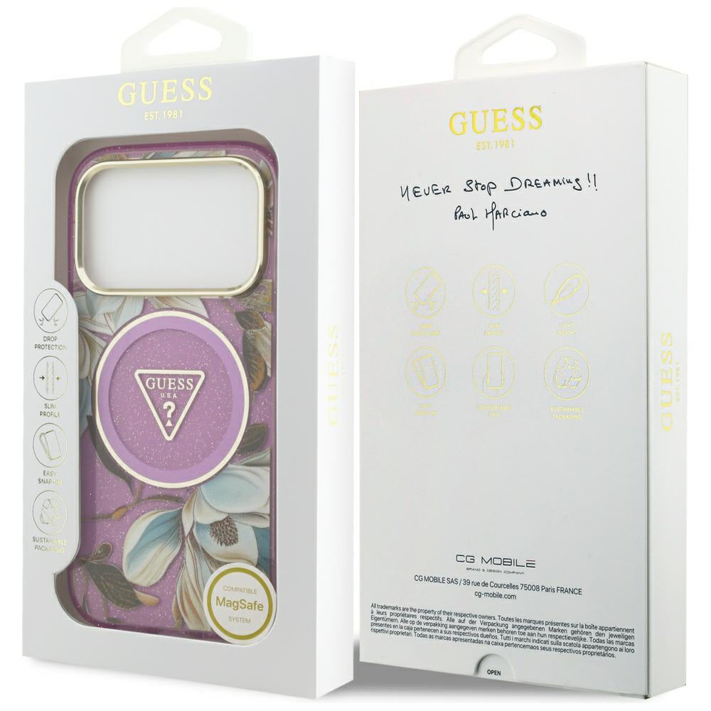 Husa de protectie Guess IML Metal Glitter Flowers Triangle compatibil cu iPhone 18 Pro Max / iPhone 17 Pro Max, Mov