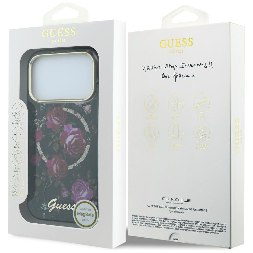 Husa de protectie Guess Glitter Blossom Roses compatibil cu iPhone 18 Pro Max / iPhone 17 Pro Max, Negru