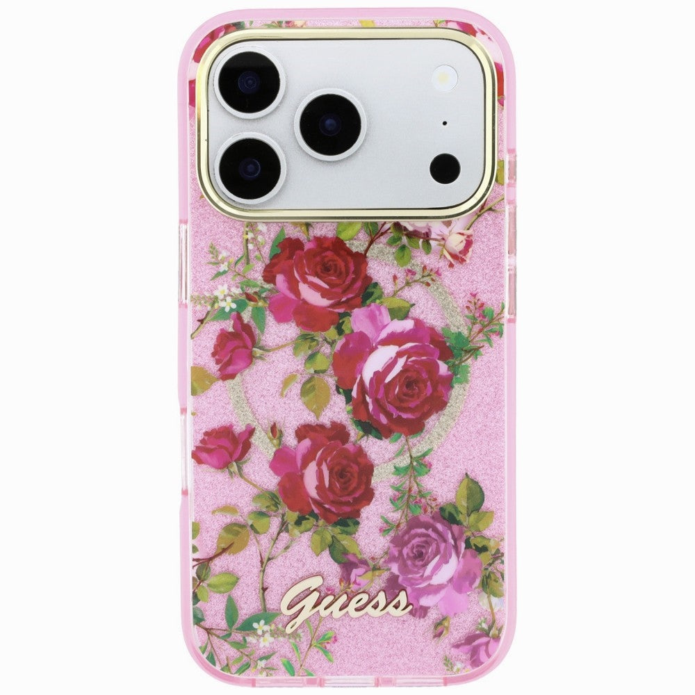 Husa de protectie Guess Glitter Blossom Roses compatibil cu iPhone 18 Pro Max / iPhone 17 Pro Max, Roz
