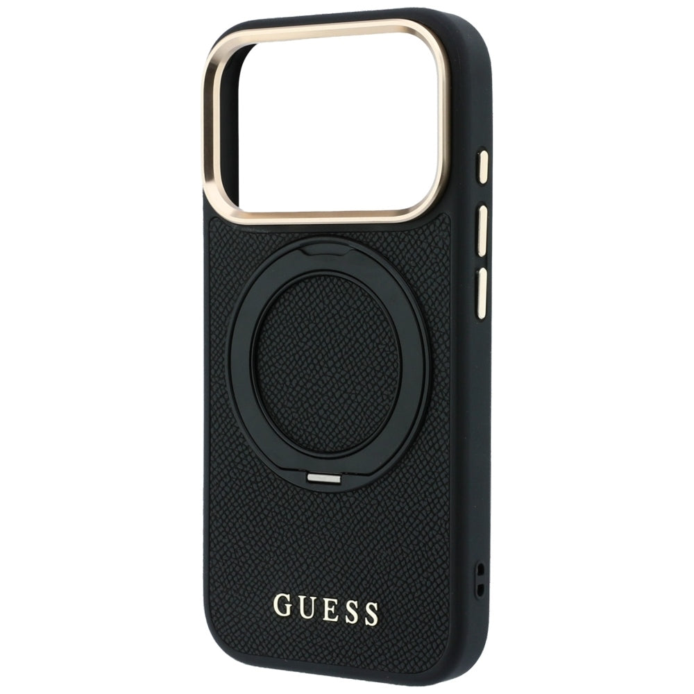 Husa de protectie Guess Grained Leather Ring Stand 360 compatibil cu iPhone 18 Pro / iPhone 17 Pro, Negru