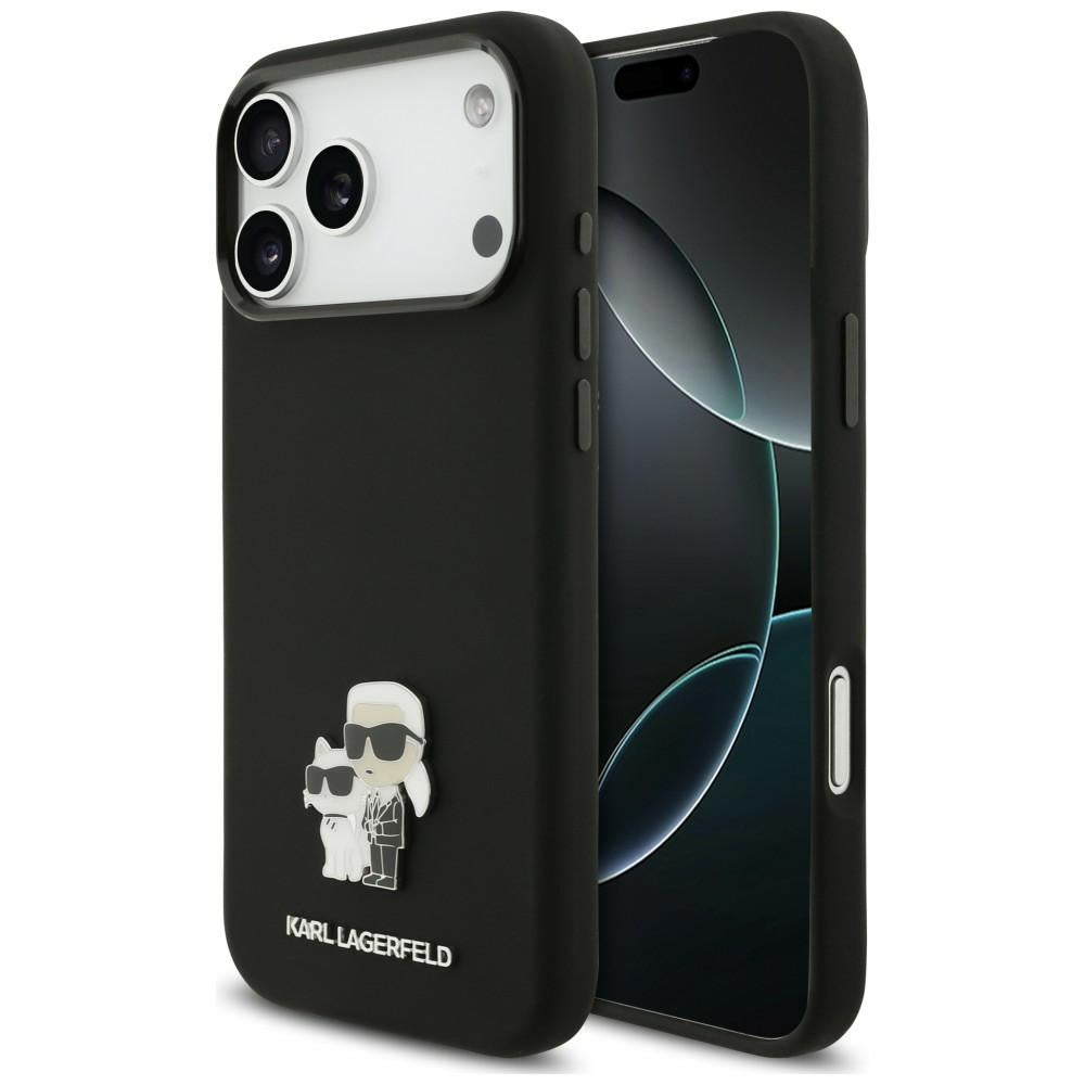Husa de protectie Karl Lagerfeld Silicone Karl & Choupette Metal Pin compatibil cu iPhone 17 Pro Max / iPhone 18 Pro Max, Negru